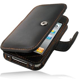 PDair Black/Orange Stitchings Leather Case for Apple iPhone 4 & 4S - Book Type (Snap Button)