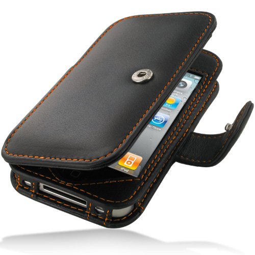 iPhone4S & 4 Leather Case - Book Type - Black Orange Stitchings (Snap Button) - PDair