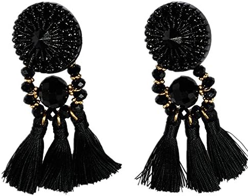 Lovage Handcrafted Black Crystal Resin Tassel Statement Big Drop Dangle Stud Long Boho Earrings for Women