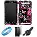Pink Butterfly with Flower Design Front and Back Snap On Hard Shell Phone Protector Case for Verizon Wireless LG Revolution Smartphone also compatible with T-Mobile G2x + Clear Screen Protector + Black Retractable Car Charger for LG Revolution Phone + SumacLife TM Wisdom*Courage Wristband