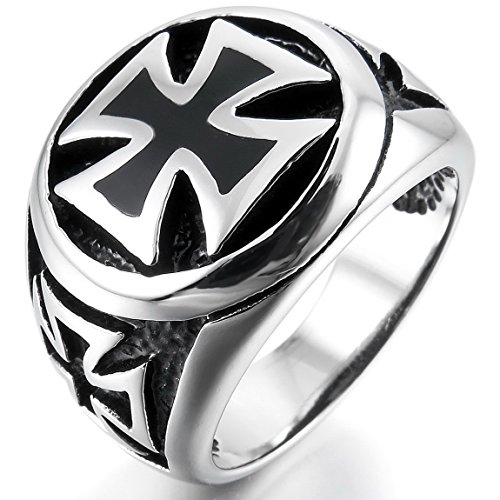 Men's Large Stainless Steel Ring Silver Black Cross Vintage