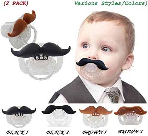 (2 PACK) The Best Mustache Pacifier For Baby With High Quality (Various Styles / Colors) - A Funny Toys And Good Night's Sleep With Brown & Black Cute Pacifier For Newborn, Toddler, Boys And Girls (From 0 - 3 months, 3 - 6 months, 6 - 12 months, 12+) With Special Beautiful Design - Ideal Gift For Your Lovely Baby (Black 1 - Brown 1)