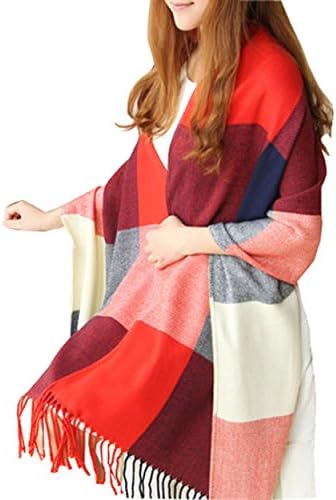 Bapabag Women's Fashion Long Shawl Wrap Big Grid Large Scarf Bandana (Red Blue)