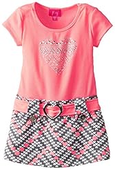 Girls Polyester/Spandex/Knit Striped Print Floral Print Zig Zag Shirred  Applique  Dress With Ruffles