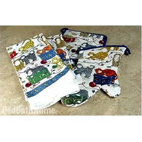 Cat's Galore Kitchen Set includes TWO Kitchen Towels, One Pot Holder and One Oven Mitt by Kay Dee