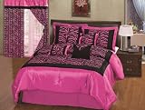 8pcs Hot Pink Black Satin Zebra Flocking Comforter Set Queen Size with 4 Pillows