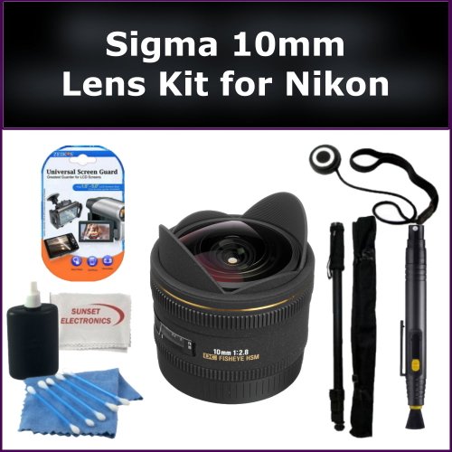 Sigma 10mm f/2.8 EX DC HSM Fisheye Lens for Nikon Digital Cameras: Sigma 10mm Lens, Lens Cap Keeper, Lens Cleaning Pen, Monopod, LCD Screen Protectors, and Cleaning Kit with SSE Microfiber Cleaning Cloth