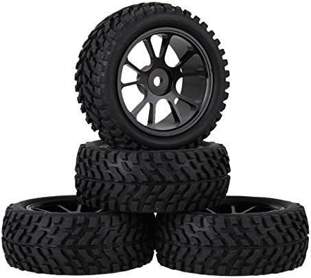 Mxfans RC 1:10 Black 75mm Dia Beard Pattern Rubber Tyre & Black Aluminum Alloy 10-Spoke Wheel Rims with 12mm Hex for On Road Car Pack of 4