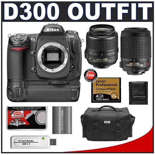 Nikon D300 Digital SLR Camera with Nikon 18-55mm AF-S DX VR Lens + Nikon 55-200mm AF-S DX VR Lens + MB-D10 Battery Grip + 4GB Card + EN-EL3e Battery + Case + Cameta Bonus Accessory Kit