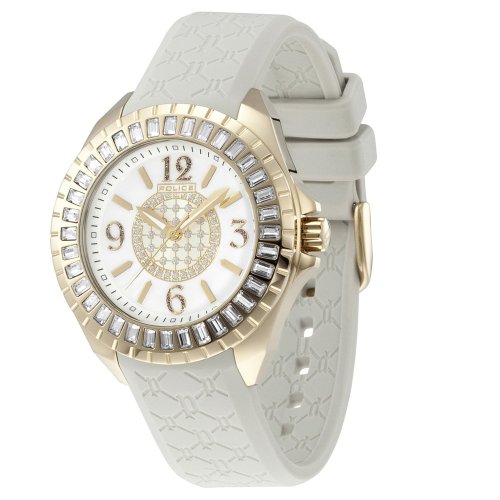 Police Women's PL-13090JSG/28A Jade Crystal Bezel White Rubber Watch