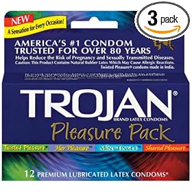 Trojan Latex Condoms Pleasure Pack, Lubricated, 12-Count Boxes (Pack of 3)