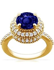 18K Yellow Gold Round Cut Blue Sapphire Ring With Sidestones