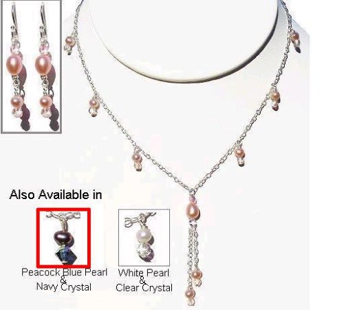Click here to buy Peacock Pearls Sterling Silver Necklace and Earring Set - Peacock Blue and Navy.