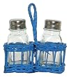 Hand Woven Marine Blue Painted Willow Basket with Glass Salt and Pepper Shakers 5"H - Two Sets