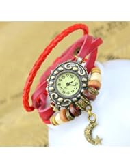 KANO BAK(TM) Vintage Wrap Around Leather Retro Weave Wrap Quartz Bracelet Woman Unisex Star Moon Gift Watch Red
