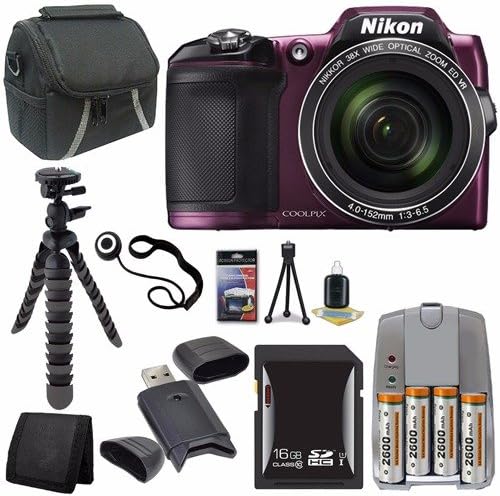 Nikon COOLPIX L840 Digital Camera (Purple) + 4 AA Pack NiMH Rechargeable Batteries and Charger + 16GB SDHC Class 10 Memory Card + Carrying Case + 12-Inch Flexible Tripod with Gripping Rubber Legs + SD Card USB Reader + Memory Card Wallet + Deluxe Starter Kit + Lens Cap Keeper Brand Specials Package