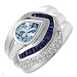 Ring With 2.10ctw Precious Stones - Genuine Diamonds, Sapphires and Aquamarine Made of 14K White Gold. Total item weight 10.7g - Certificate Available.