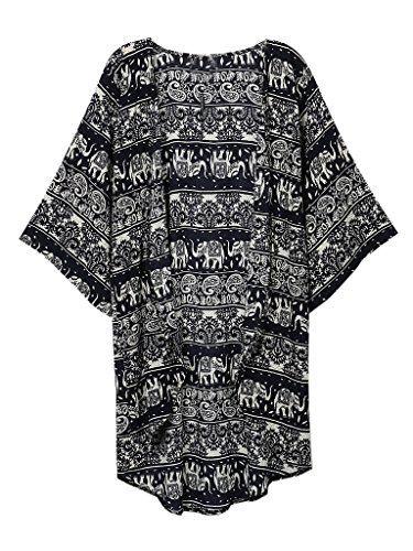 Persun Women Dark Blue Tribe Pattern 3/4 Sleeve Loose Kimono, Blue, Large