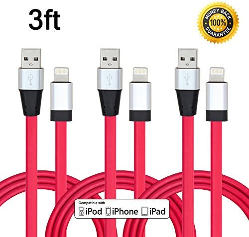 Wecharge (TM) 3 Pack 3FT Aluminum Flat Series 8 pin Lightning to USB Sync and Charging Cable Cord for iPhone 6 / 6 Plus /6s / 6s Plus /5 / 5s / 5c, iPod and iPad- 1 Year Worry-free Warranty (Red)