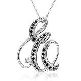 14k White Gold Alphabet Initial Letter E Black Diamond Pendant Necklace-0.15 carat