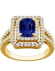 18K Yellow Gold Cushion Cut Blue Sapphire Ring With Sidestones (GIA Certificate)