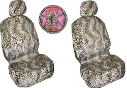 - 	 7 Piece Tan Cheetah Safari Animal Print Auto Interior Gift Set - 2 Low Back Front Bucket Seat Covers, 2 Separate Headrest Covers, 1 Steering Wheel Cover, and 2 Shoulder Harness Pressure Relief Cover