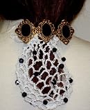 Hand Crocheted White Rayon Cotton Gimp Small Dress Snood Trimmed with Black Beads Mounted on French Barrette with Three Antique Gold with Large Onyx Pearl Buttons