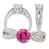 14k Chatham created 6.5mm round pink sapphire gemstone engagement ring with diamonds