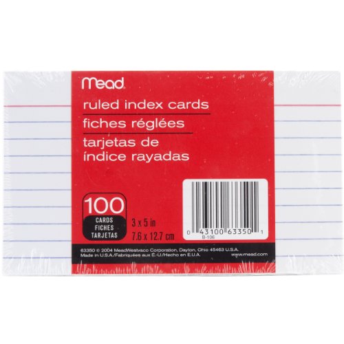 Mead Index Cards, Ruled, 3 x 5 Inch, White, 100 Per Pack (63350)