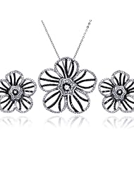 Nickel Free Sterling Silver Pendant & Earring Sets Black And Clear CZ Flower Set Pendant Diameter: 0.4mm Earrings Diamter: 27.15mm