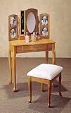 Oak Finish Wood Vanity Table Stool/Bench & Mirror Set w/Photo Frame