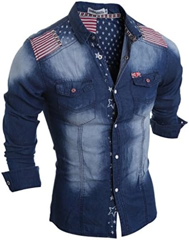 Rlouw Mens Casual Slim Printing Long Sleeve Denim Button Down Shirt Dark Blue
