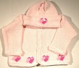 Ck86, Knitted on Hand Knitted Machine Baby Pink Cotton Trimmed By Hand Crochet with Pink Infant Girls Cardigan Sweater Hat Set