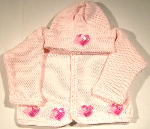 Ck86, Knitted on Hand Knitted Machine Baby Pink Cotton Trimmed By Hand Crochet with Pink Infant Girls Cardigan Sweater Hat Set