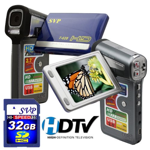 SVP T628 2.7-inch 1280X720p HD Widescreen Blue Digital Video Camcorder (SVP 32GB SDHC Memory Card Included)