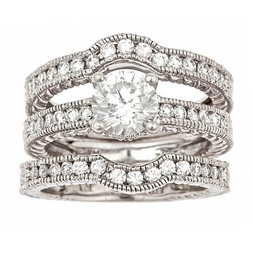 14K White Gold Diamond Millgrain Edged Engagement Ring Wedding Band Set UGL Certified  550 Value 2.07 Carat Antique Style (VS-2 Clarity, E/F Color)
