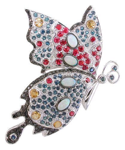 18KW Alexandrite, Spinel, Citrine, Opal & Black Diamond Butterfly Broach