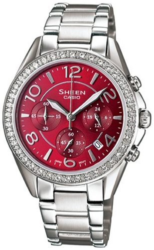 Casio Women's Sheen SHE5022D-4A Silver Stainless-Steel Quartz Watch with Red Dial