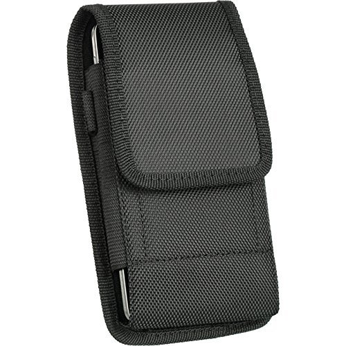 Motorola Droid Turbo 2 Moto X Force 2 Kinzie Bounce XT1585 , EpicDealz Extra Large Ultra Rugged Pouch Case Holster Black Nylon Canvas Velcro Flap with Steel Metal Belt Clip + Carabiner Hook
