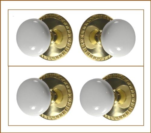 Two Pair of Estate Type &amp; White Porcelain French Door Knob Sets with Self-alining Dummy Hardware for Knobs on Both Sides for Two French Doors. Limited Stock of Early Period Estate . Really Easy to Install. (White Porcelain &amp; Natural Brass)