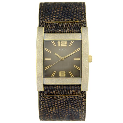 GUESS?? Men's Antique Gold-Tone Stainless Steel and Brown Leather Watch #W80011G4