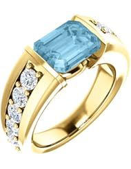 14K Yellow Gold 9.00x7.00mm Emerald Cut Aquamarine and Diamond Ring -- LIFETIME WARRANTY