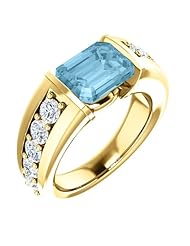 10K Yellow Gold 9.00x7.00mm Emerald Cut Aquamarine and Diamond Ring -- LIFETIME WARRANTY