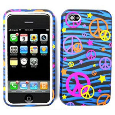 Apple iPhone 4 / 4s Jelly Case, Colorful Peace Signs on Blue Zebra Hybrid Case/Cover/Faceplate/Snap On/Housing/Protector