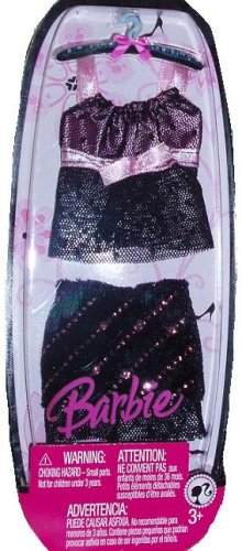 51R7qNFi5ML Barbie Fashion 2007 Casual Outfit Doll Cloth Assortment L9346   Black and Pink Trim Lace Tank Top Bow Camisoles and Pink Glitter in Black Skirt