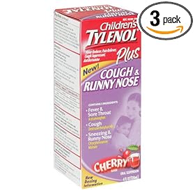Tylenol Children's Cough & Runny Nose Oral Suspension, Cherry, 4-Ounce Bottles (Pack of 3)