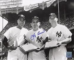 Yogi Berra New York Yankees Signed 8X10 Photo - Yogi With Mantle & Dimaggio - Authentic Autographed