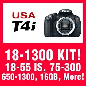 Canon EOS Rebel T4i Digital SLR Camera Body with 5 Lens Kit: Canon EF-S 18-55mm f/3.5-5.6 IS + Zoom Telephoto EF 75-300mm f/4.0-5.6 III AF Lens & 650-1300mm f/8.0-16.0 Long Range Lens + 16 GB & Deluxe Accessory Bundle