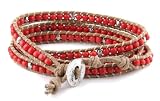 Brown and Coral Red Bead Wrap Bracelet - Wraps 4 to 5 Times Around Wrist