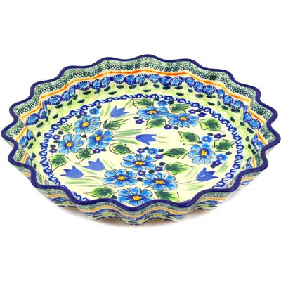 Polmedia Polish Pottery 10-inch Stoneware Fluted Pie Dish Hand Painted